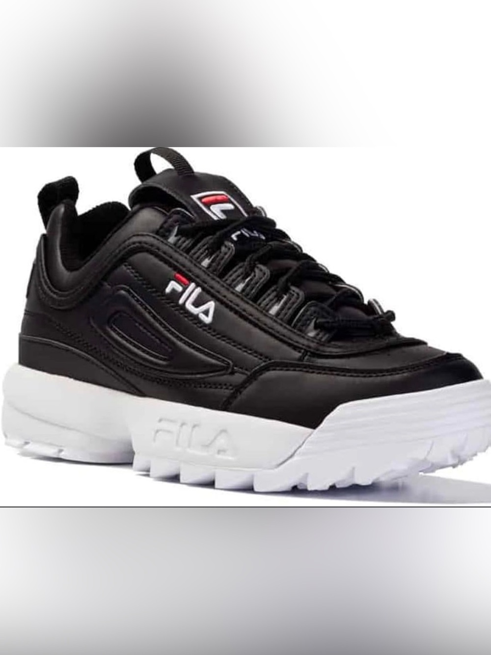 Fila Women’s Disrupter II Black Sneakers with White Sole and Red Logo Accents
